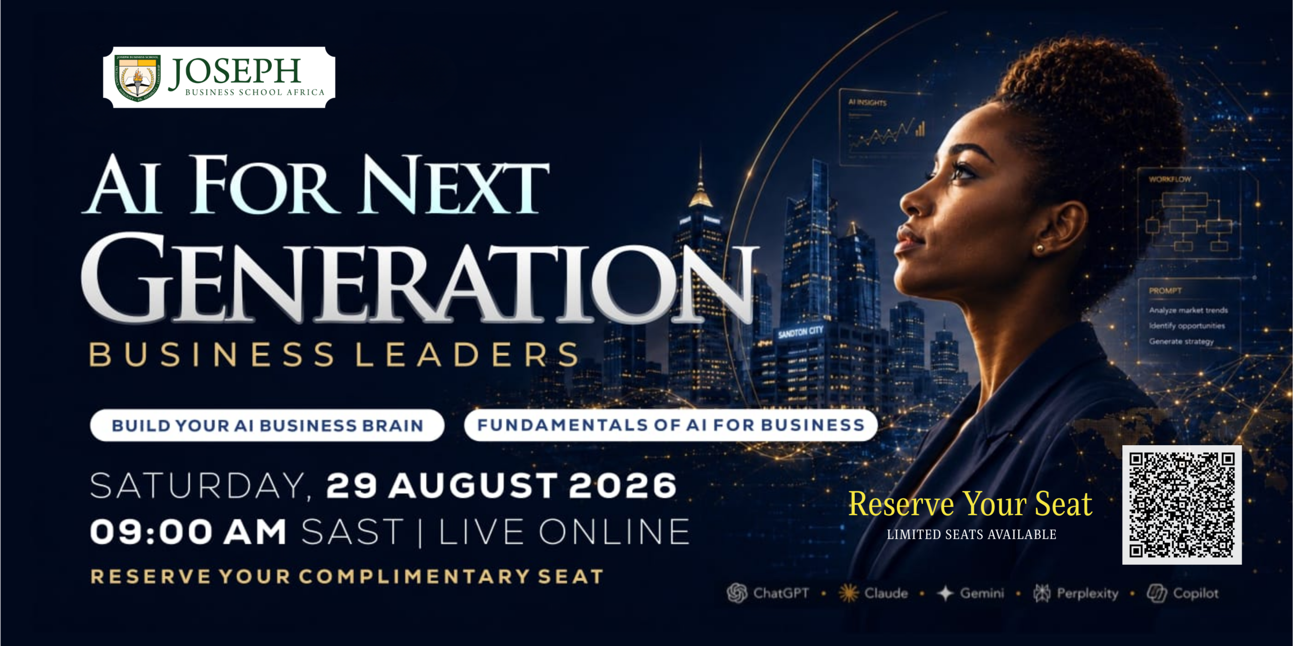 AI for Next Generation Business Leaders masterclass banner by Joseph Business School Africa, featuring Dr Bill Winston and the message AI is no longer optional.